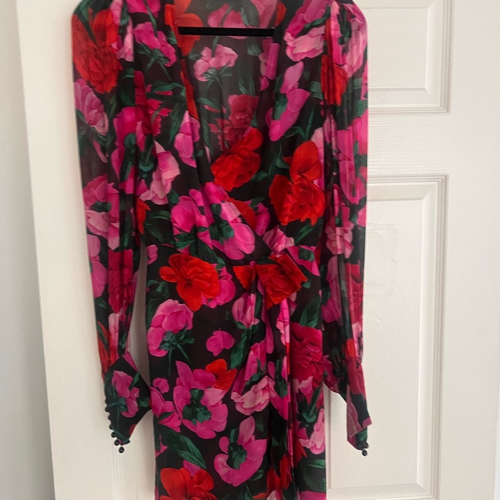The Kooples Red and Pink Floral Long Sleeve Dress